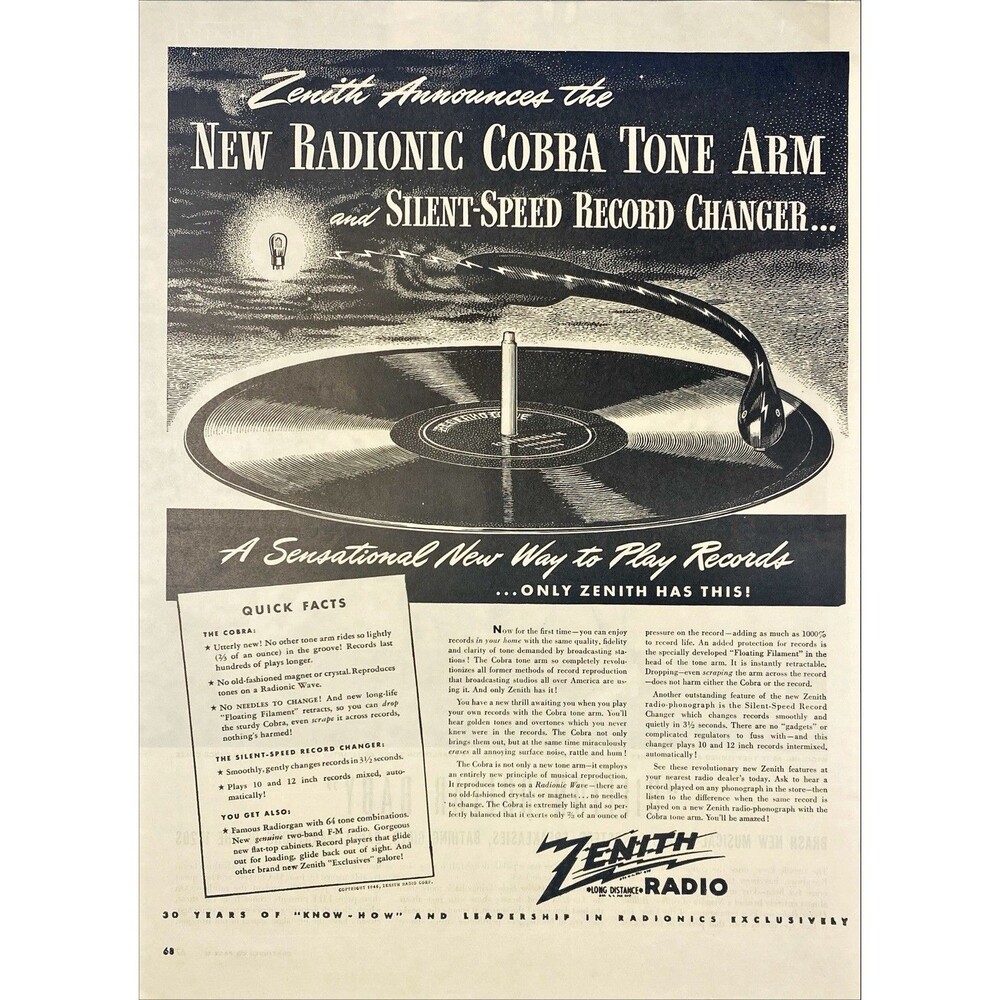 Zenith Radionic Cobra Tone Arm & Silent-Speed Record Changer Vtg Print Ad 1946